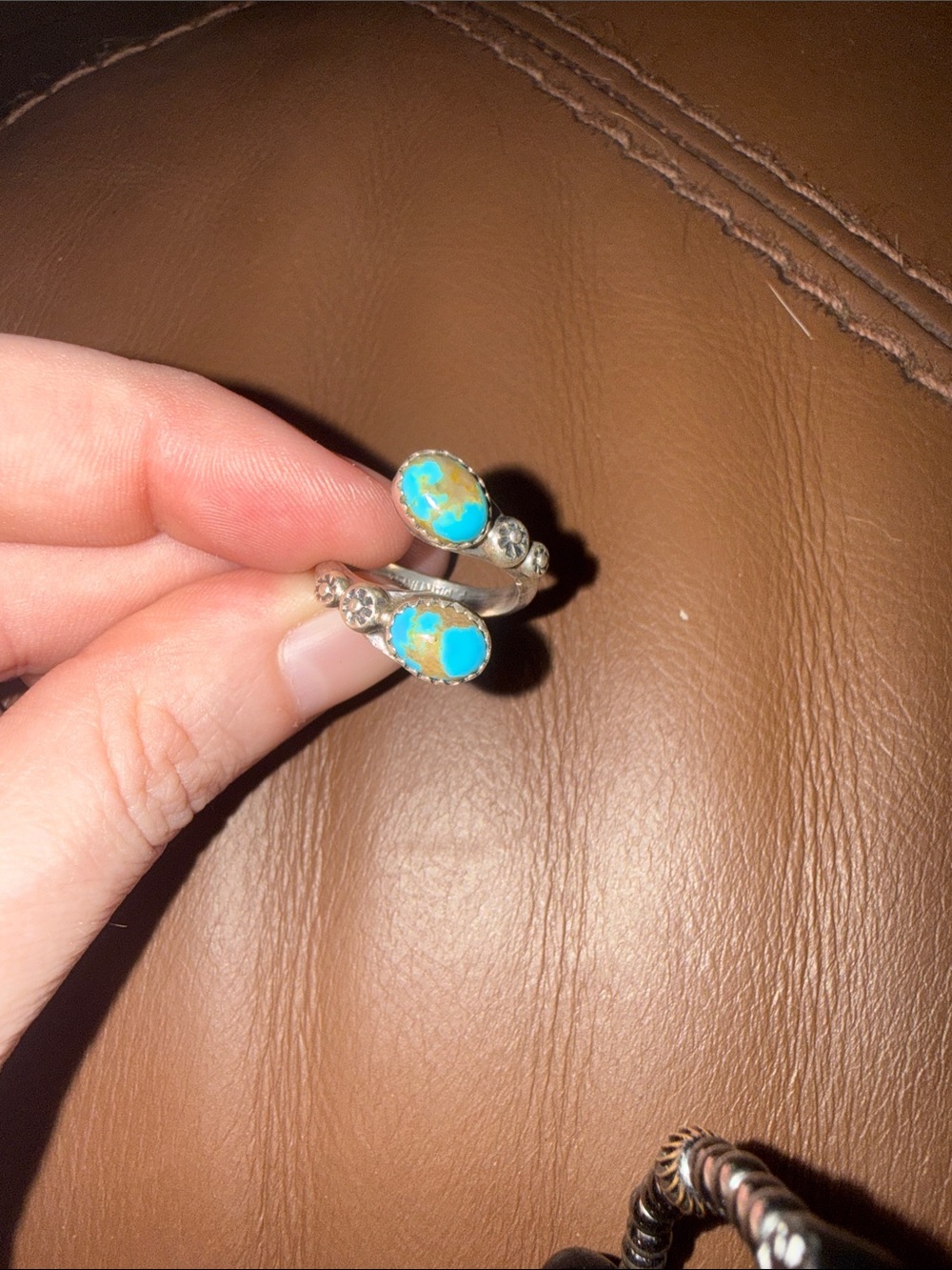 F. Martinez Turquoise Double Stone Sterling Silver Ring - Adjustable - Picture 2 of 3